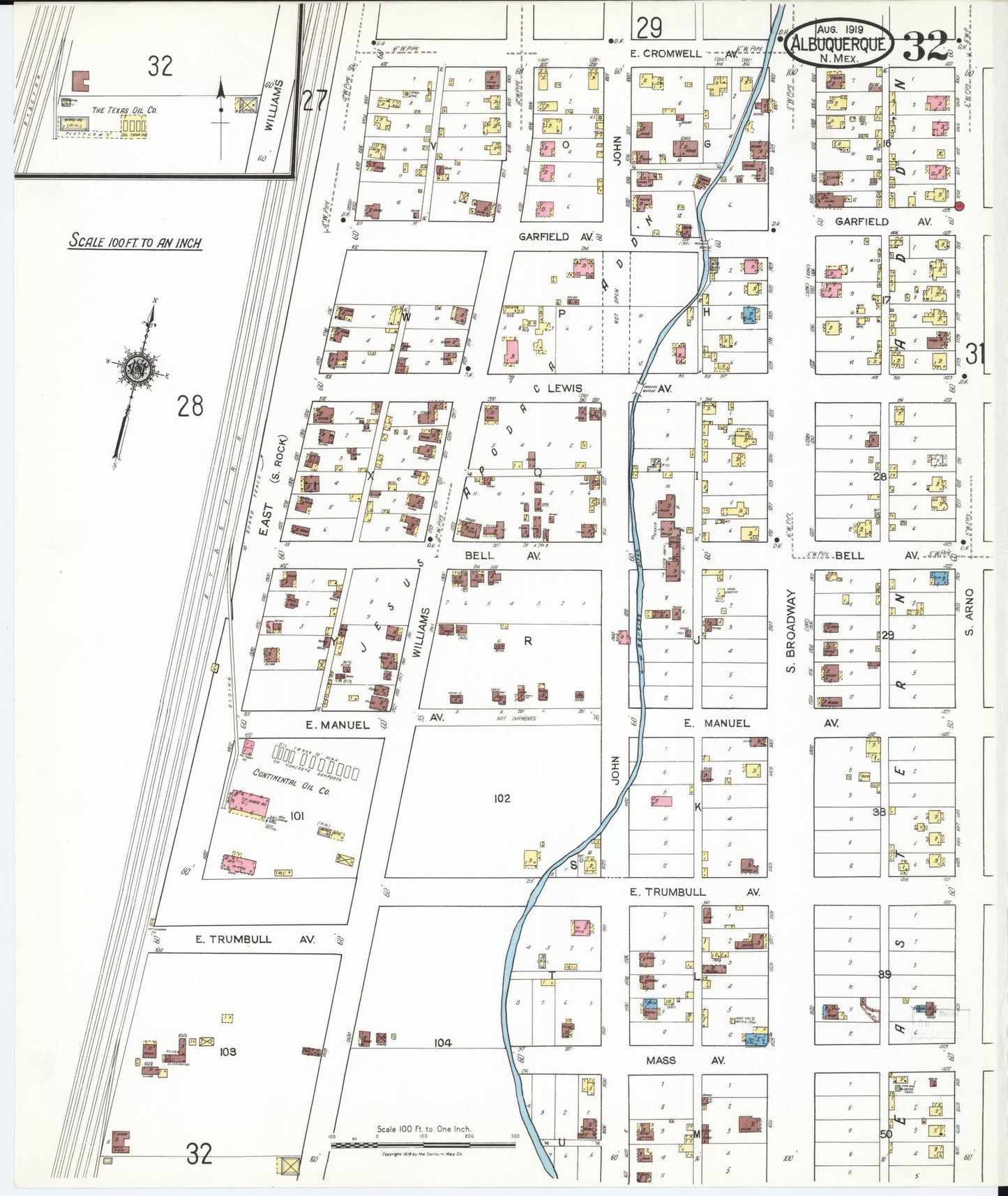 Sanborn Fire Insurance Map from Albuquerque, Bernalillo County, New Mexico (1919), Sheet #0032 - Historic Sanborn Fire Insurance Map Print, vintage old map wall art, antique decor, genealogy gift, New Mexico New Mexico map