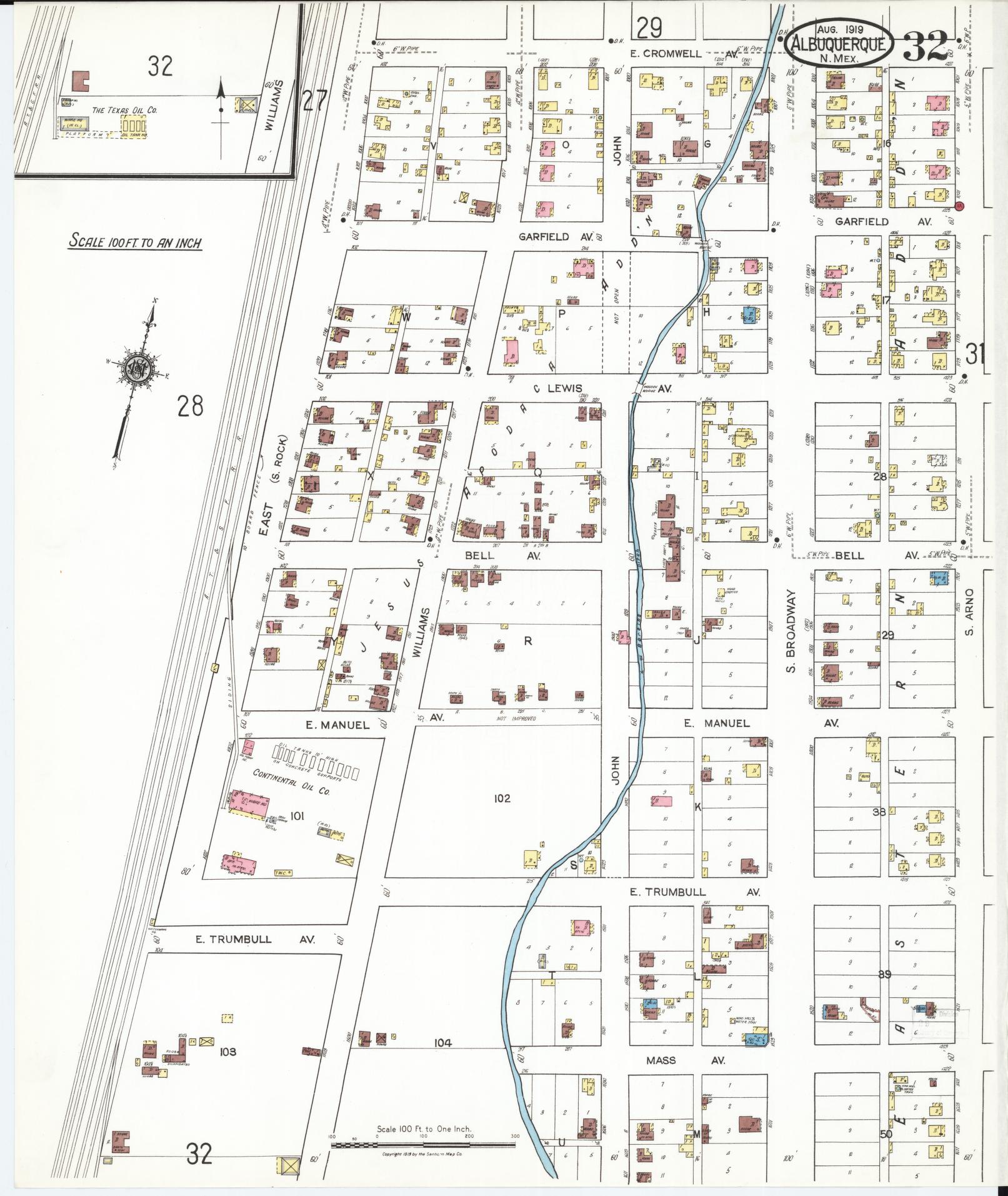 Sanborn Fire Insurance Map from Albuquerque, Bernalillo County, New Mexico (1919), Sheet #0032 - Historic Sanborn Fire Insurance Map Print, vintage old map wall art, antique decor, genealogy gift, New Mexico New Mexico map