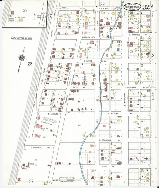 Sanborn Fire Insurance Map from Albuquerque, Bernalillo County, New Mexico (1919), Sheet #0032 - Historic Sanborn Fire Insurance Map Print, vintage old map wall art, antique decor, genealogy gift, New Mexico New Mexico map