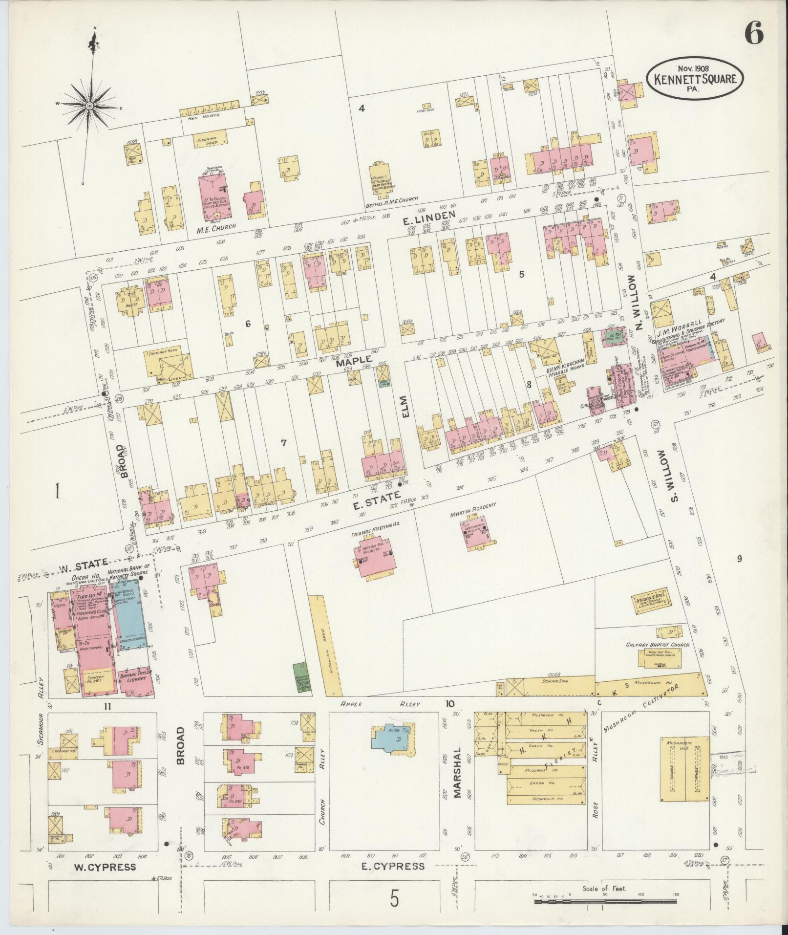 Sanborn Fire Insurance Map from Kennett Square, Chester County, Pennsylvania (1908), Sheet #0006 - Historic Sanborn Fire Insurance Map Print, vintage old map wall art, antique decor, genealogy gift, Pennsylvania Pennsylvania map