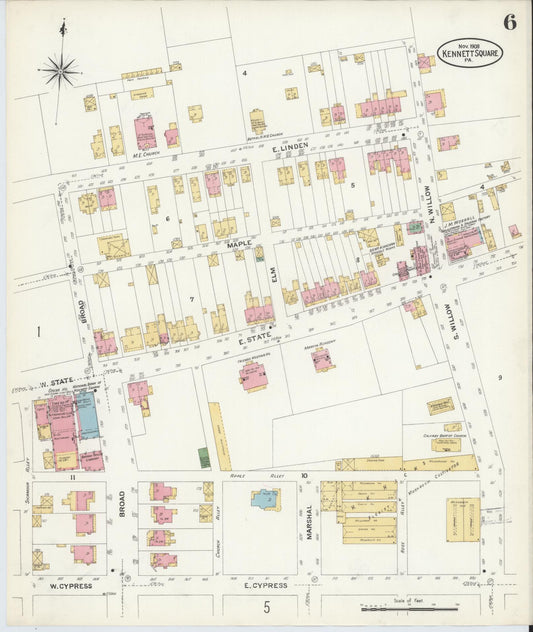 Sanborn Fire Insurance Map from Kennett Square, Chester County, Pennsylvania (1908), Sheet #0006 - Historic Sanborn Fire Insurance Map Print, vintage old map wall art, antique decor, genealogy gift, Pennsylvania Pennsylvania map