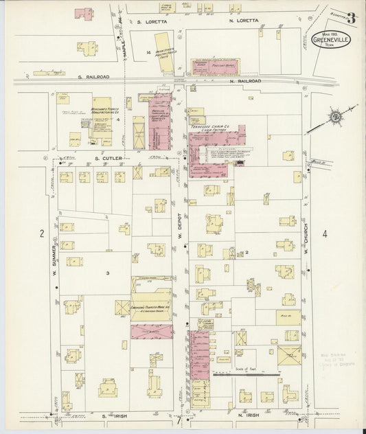 Sanborn Fire Insurance Map from Greeneville, Greene County, Tennessee (1913), Sheet #0003 - Historic Sanborn Fire Insurance Map Print, vintage old map wall art, antique decor, genealogy gift, Tennessee Tennessee map
