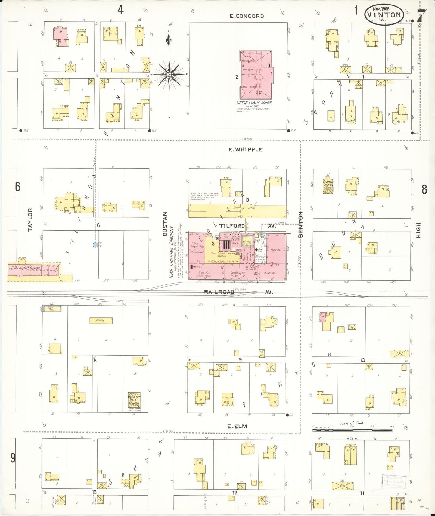 Sanborn Fire Insurance Map from Vinton, Benton County, Iowa (1906), Sheet #0007 - Historic Sanborn Fire Insurance Map Print, vintage old map wall art