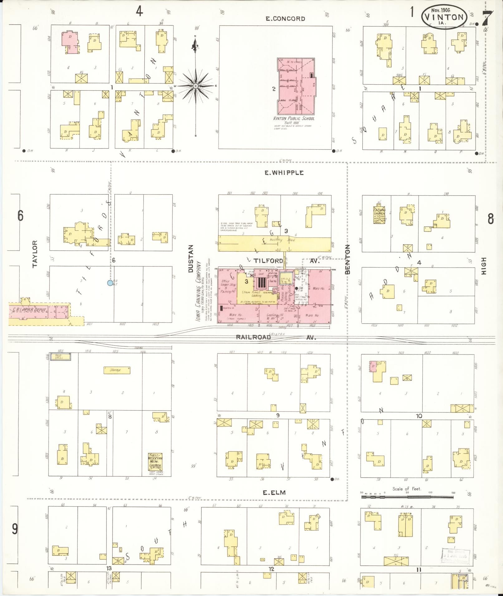 Sanborn Fire Insurance Map from Vinton, Benton County, Iowa (1906), Sheet #0007 - Historic Sanborn Fire Insurance Map Print, vintage old map wall art