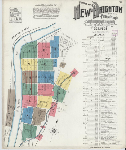 Sanborn Fire Insurance Map from New Brighton, Beaver County, Pennsylvania (1906), Sheet #0001 - Historic Sanborn Fire Insurance Map Print, vintage old map wall art, antique decor, genealogy gift, Pennsylvania Pennsylvania map