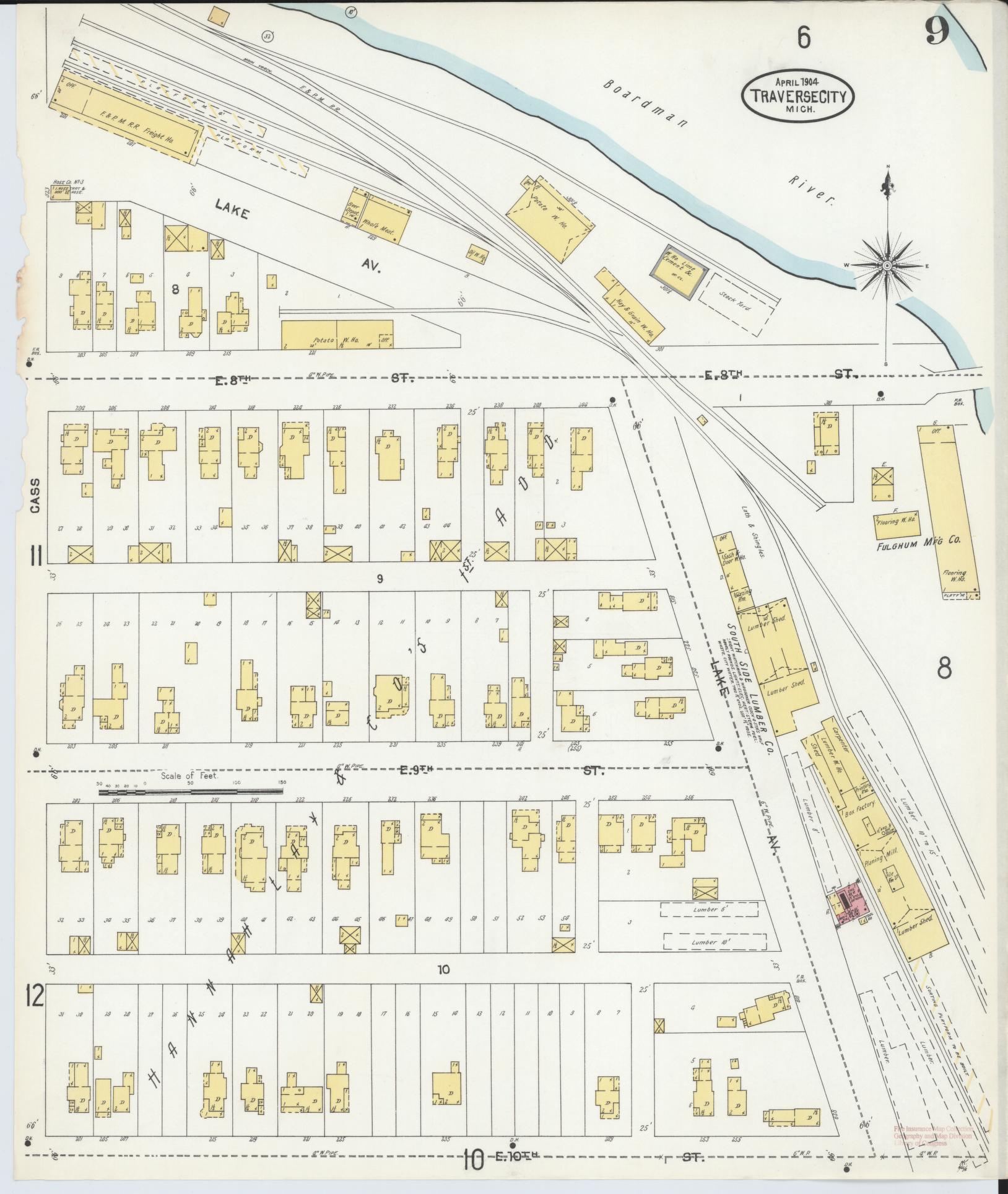 Sanborn Fire Insurance Map from Traverse City, Grand Traverse County, Michigan (1904), Sheet #0009 - Historic Sanborn Fire Insurance Map Print, vintage old map wall art, antique decor, genealogy gift, Michigan Michigan map
