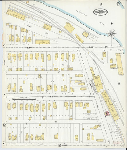 Sanborn Fire Insurance Map from Traverse City, Grand Traverse County, Michigan (1904), Sheet #0009 - Historic Sanborn Fire Insurance Map Print, vintage old map wall art, antique decor, genealogy gift, Michigan Michigan map