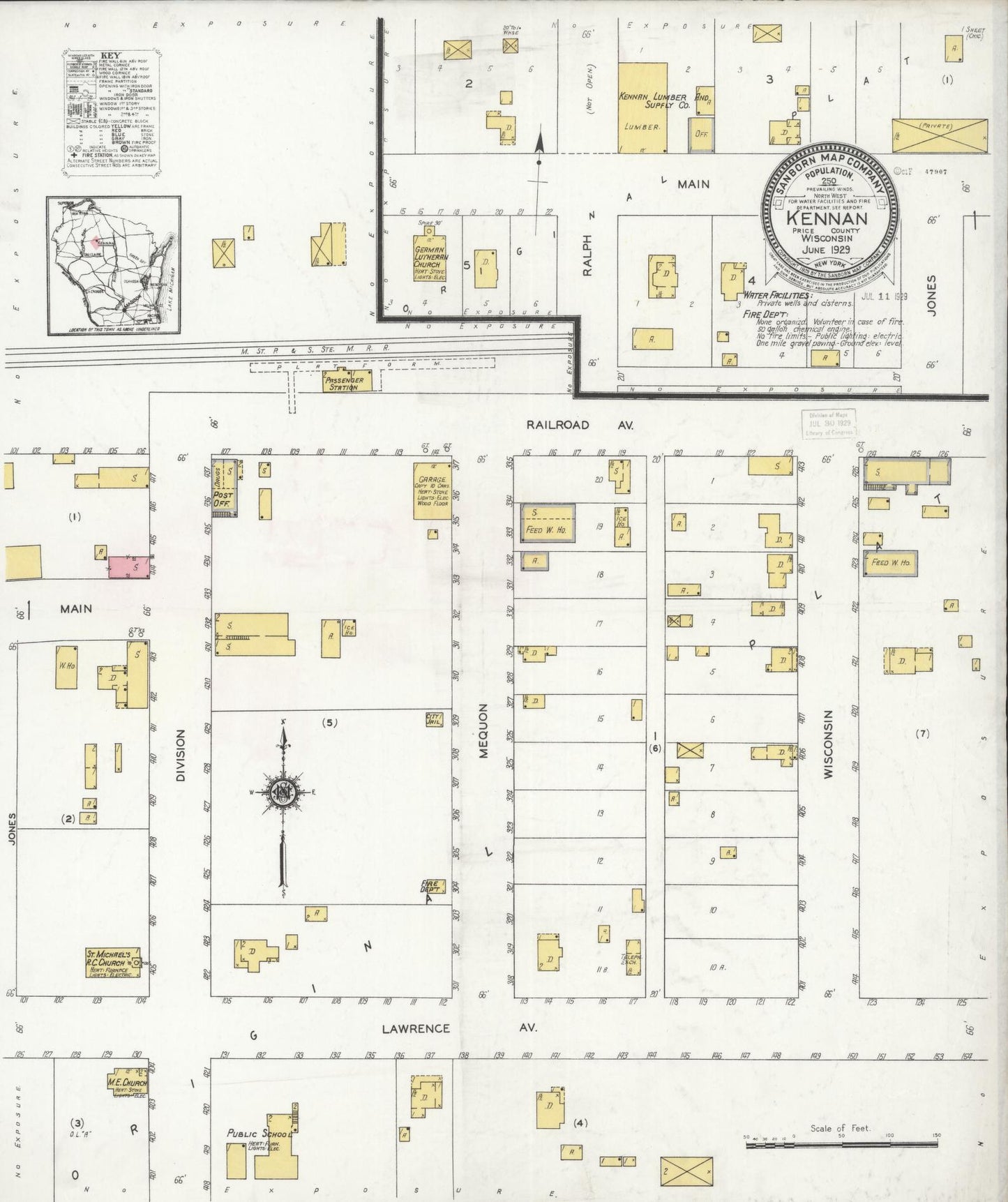 Sanborn Fire Insurance Map from Kennan, Price County, Wisconsin (1929), Sheet #0001 - Historic Sanborn Fire Insurance Map Print, vintage old map wall art, antique decor, genealogy gift, Wisconsin Wisconsin map