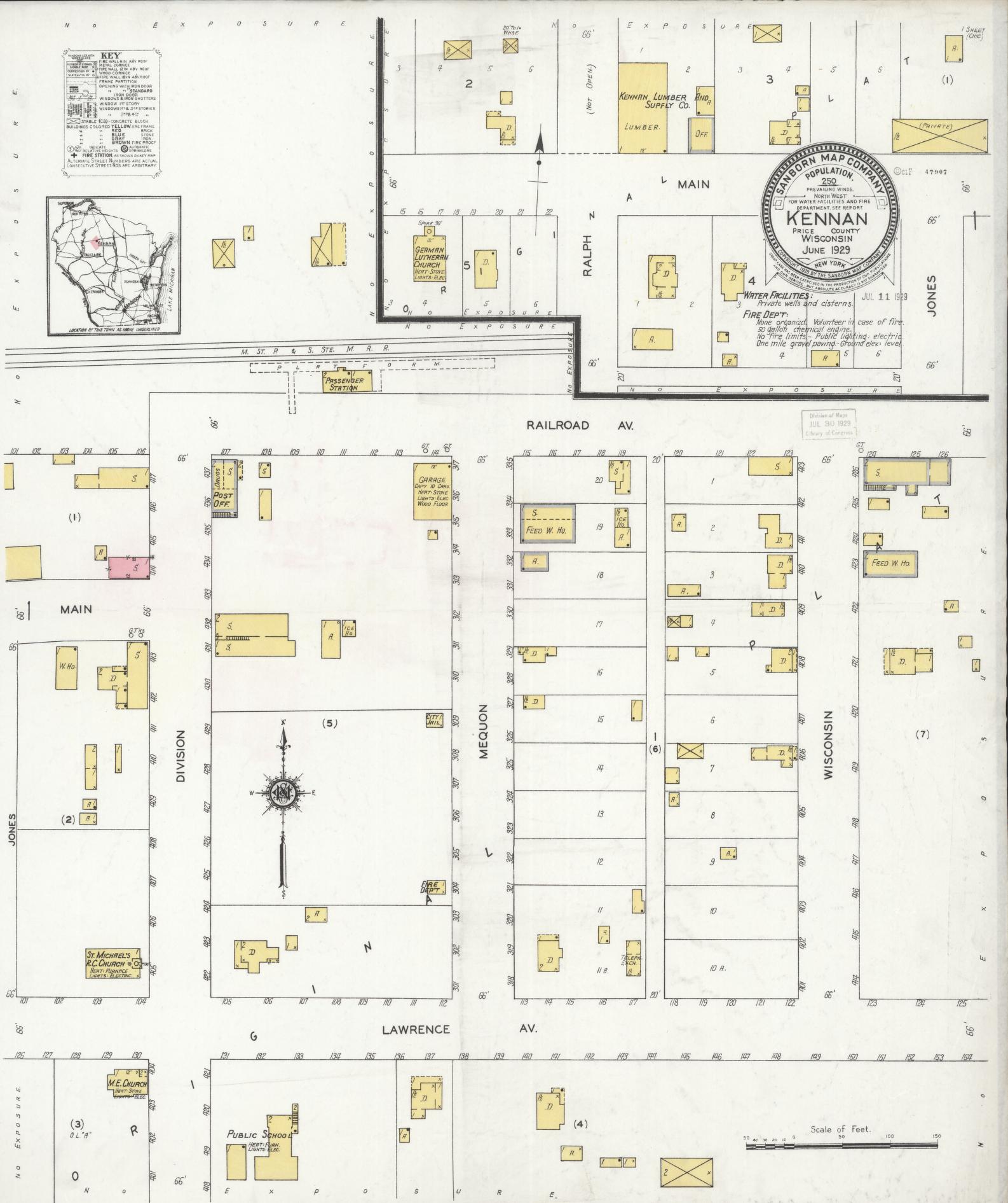 Sanborn Fire Insurance Map from Kennan, Price County, Wisconsin (1929), Sheet #0001 - Historic Sanborn Fire Insurance Map Print, vintage old map wall art, antique decor, genealogy gift, Wisconsin Wisconsin map