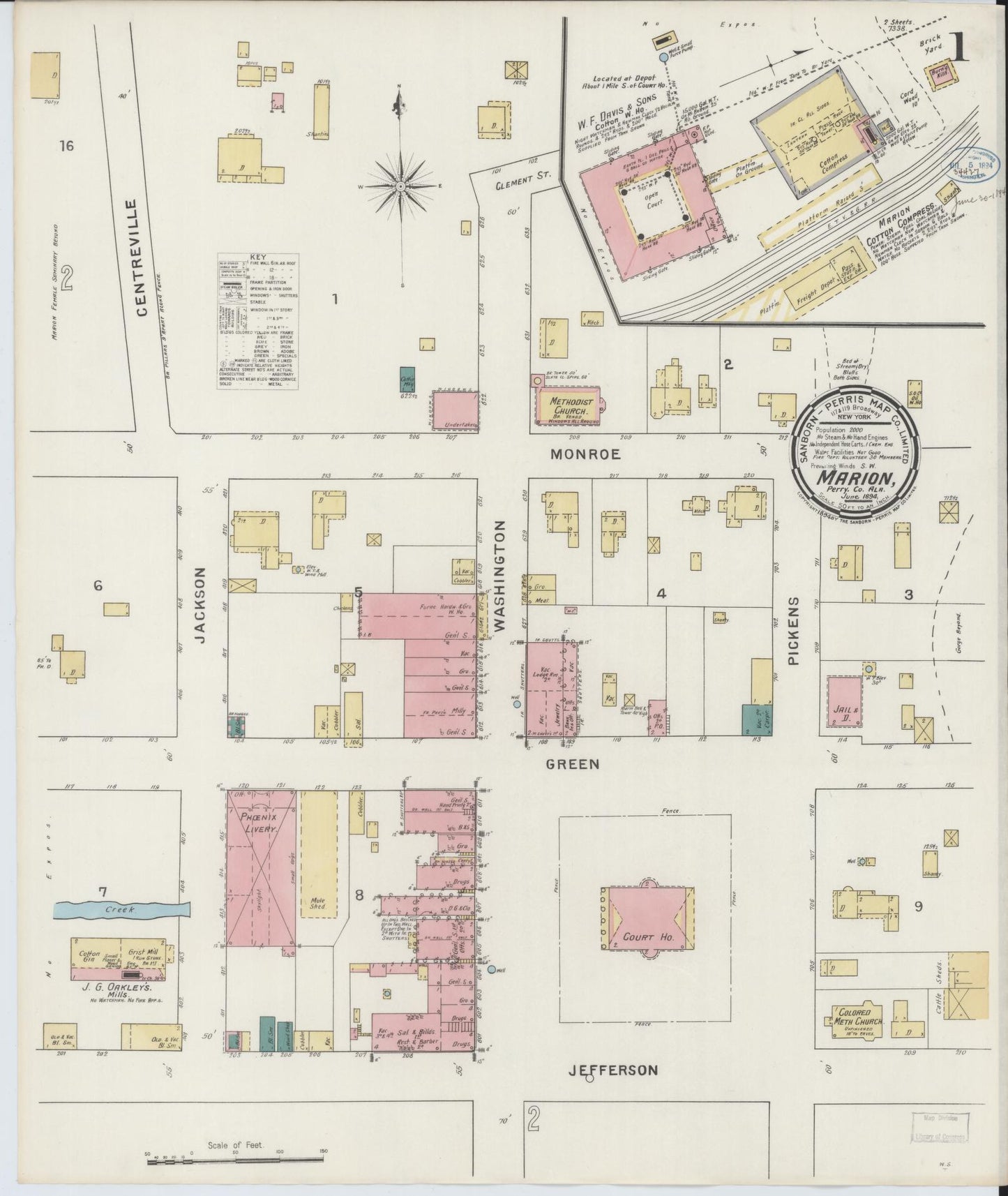 Sanborn Fire Insurance Map from Marion, Perry County, Alabama (1894), Sheet #0001 - Historic Sanborn Fire Insurance Map Print, vintage old map wall art, antique decor, genealogy gift, Alabama Alabama map