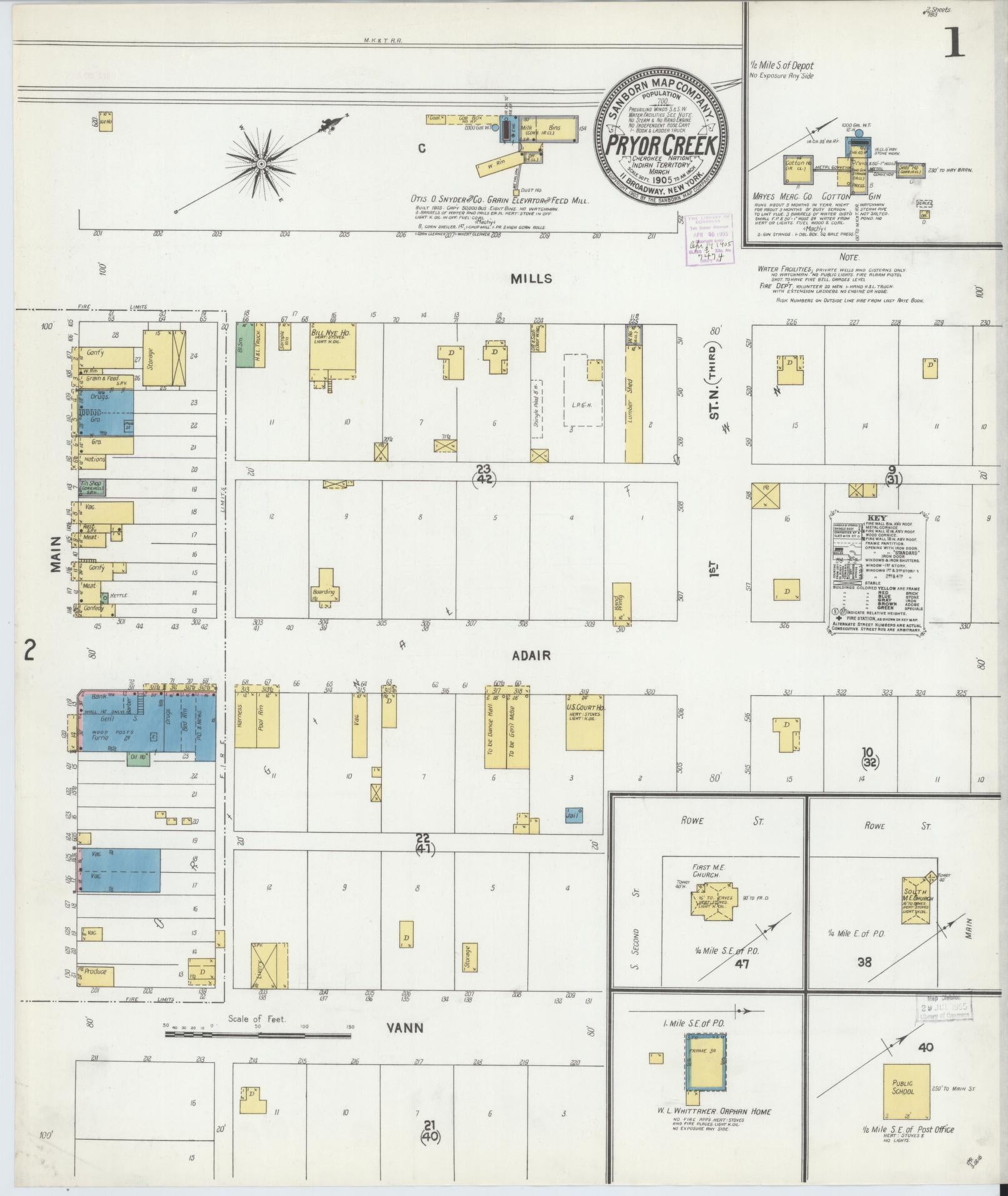 Sanborn Fire Insurance Map from Pryor Creek, Mayes County, Oklahoma (1905), Sheet #0001 - Historic Sanborn Fire Insurance Map Print, vintage old map wall art, antique decor, genealogy gift, Oklahoma Oklahoma map