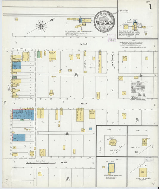 Sanborn Fire Insurance Map from Pryor Creek, Mayes County, Oklahoma (1905), Sheet #0001 - Historic Sanborn Fire Insurance Map Print, vintage old map wall art, antique decor, genealogy gift, Oklahoma Oklahoma map