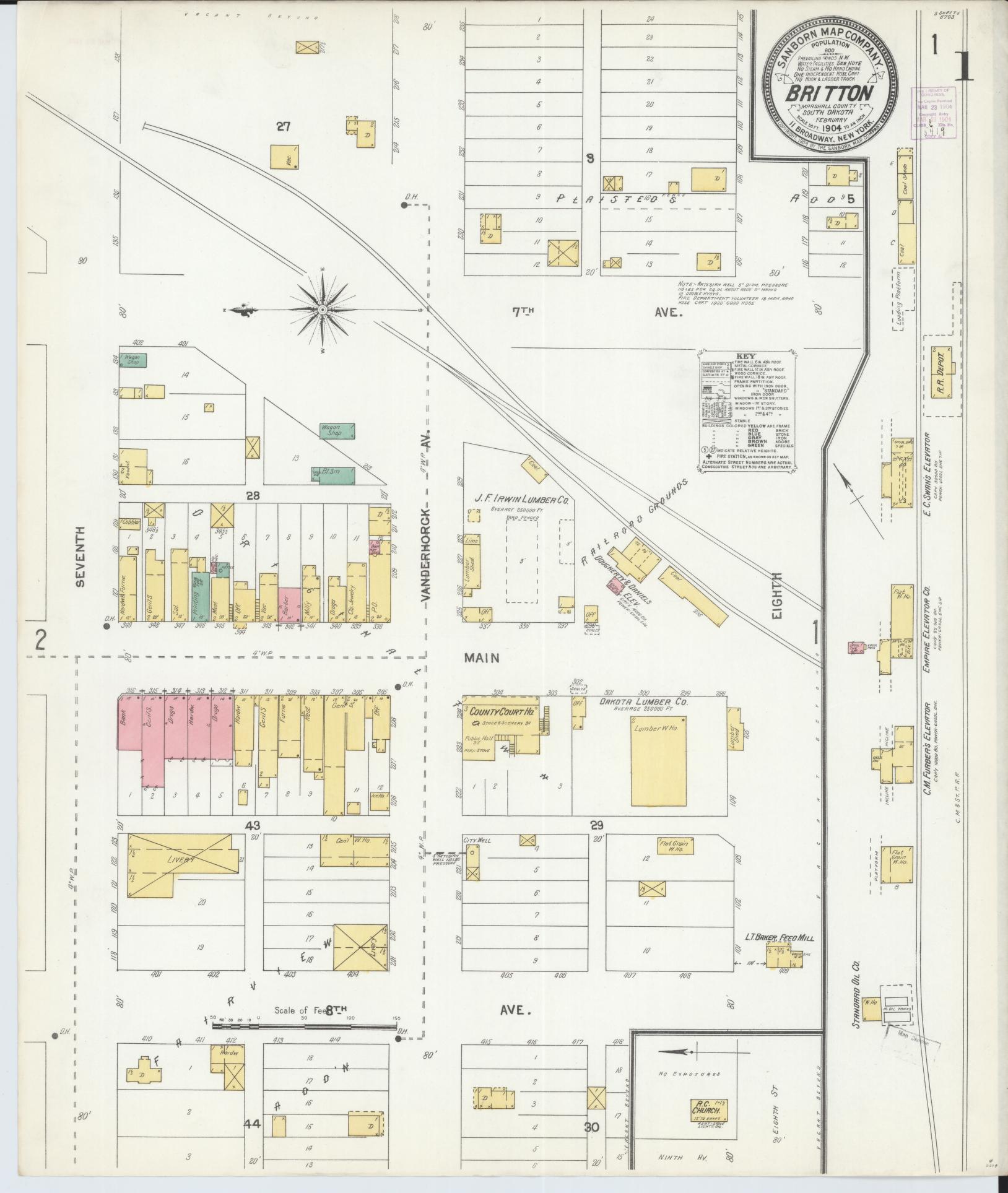 Sanborn Fire Insurance Map from Britton, Marshall County, South Dakota (1904), Sheet #0001 - Historic Sanborn Fire Insurance Map Print, vintage old map wall art, antique decor, genealogy gift, South Dakota South Dakota map