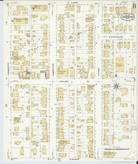 Sanborn Fire Insurance Map from Ironwood, Gogebic County, Michigan (1908), Sheet #0008 - Historic Sanborn Fire Insurance Map Print, vintage old map wall art, antique decor, genealogy gift, Michigan Michigan map