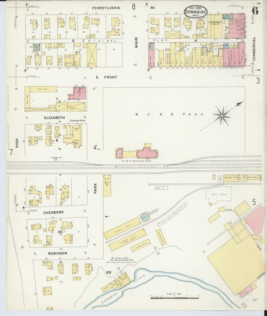 Sanborn Fire Insurance Map from Dowagiac, Cass County, Michigan (1908), Sheet #0006 - Historic Sanborn Fire Insurance Map Print, vintage old map wall art, antique decor, genealogy gift, Michigan Michigan map