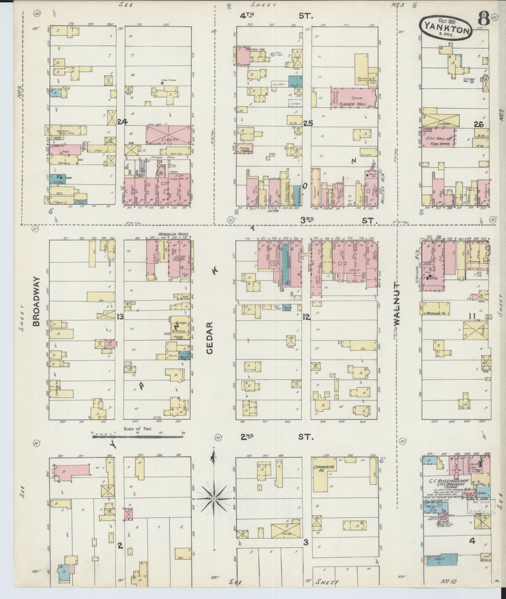 Sanborn Fire Insurance Map from Yankton, Yankton County, South Dakota (1891), Sheet #0008 - Historic Sanborn Fire Insurance Map Print, vintage old map wall art, antique decor, genealogy gift, South Dakota South Dakota map
