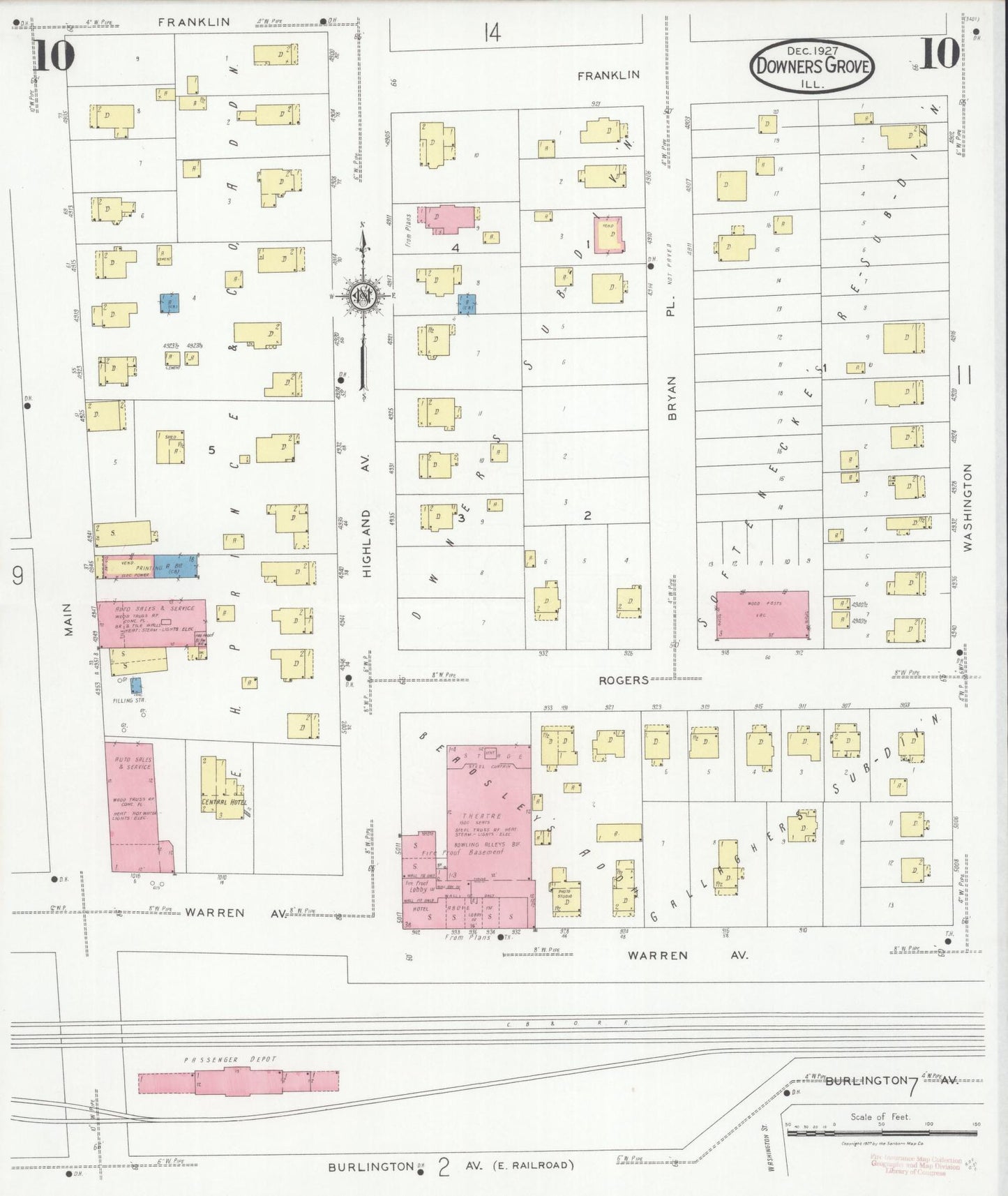 Sanborn Fire Insurance Map from Downers Grove, Dupage County, Illinois (1927), Sheet #0010 - Complete Map Set gallery image, historic Sanborn map, vintage wall art, Illinois Illinois