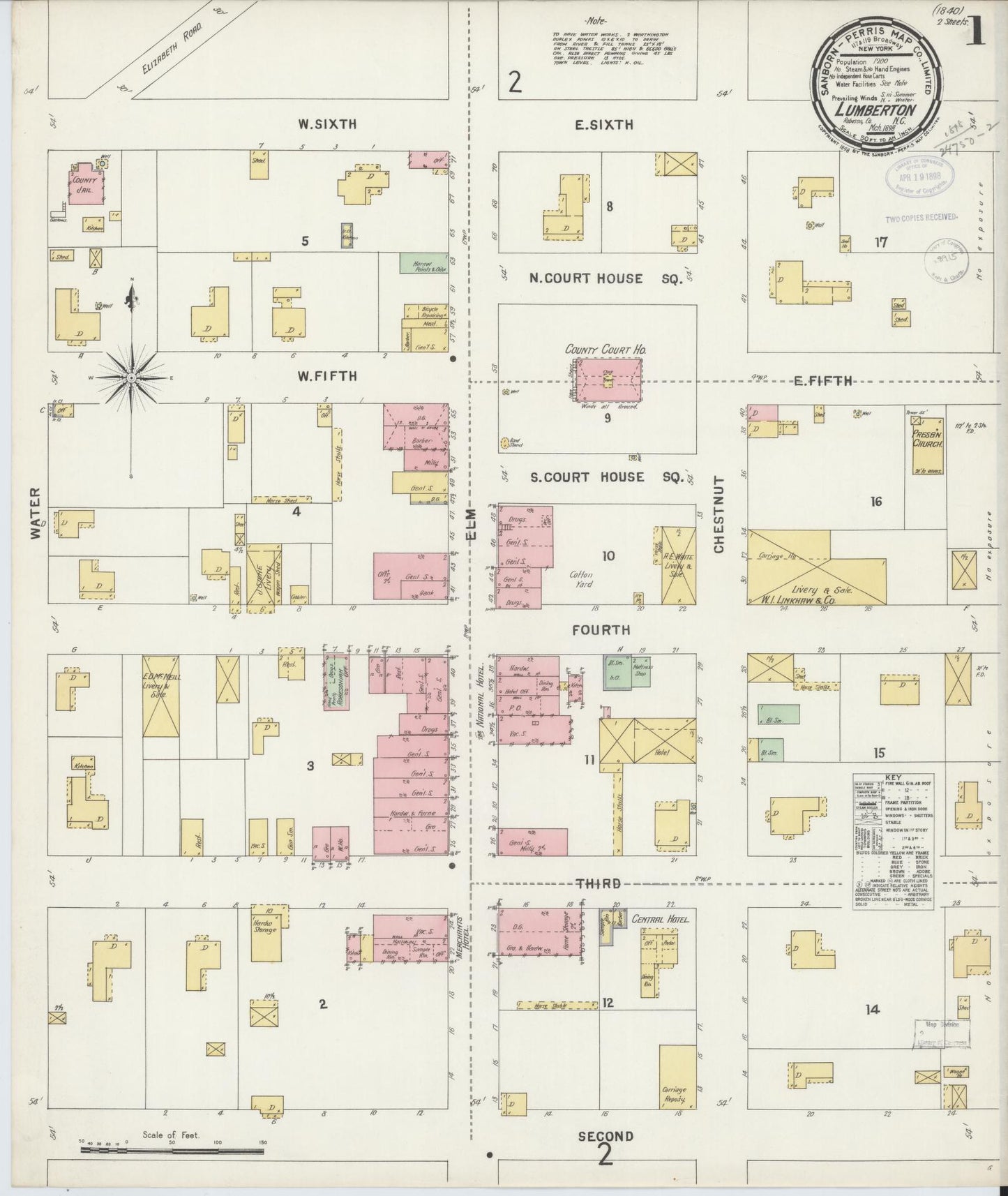 Sanborn Fire Insurance Map from Lumberton, Robeson County, North Carolina (1898), Sheet #0001 - Complete Map Set gallery image, historic Sanborn map, vintage wall art, North Carolina North Carolina