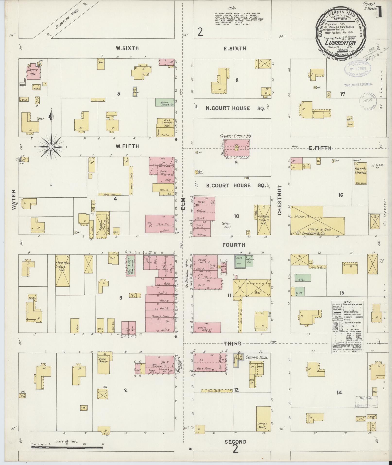Sanborn Fire Insurance Map from Lumberton, Robeson County, North Carolina (1898), Sheet #0001 - Complete Map Set gallery image, historic Sanborn map, vintage wall art, North Carolina North Carolina