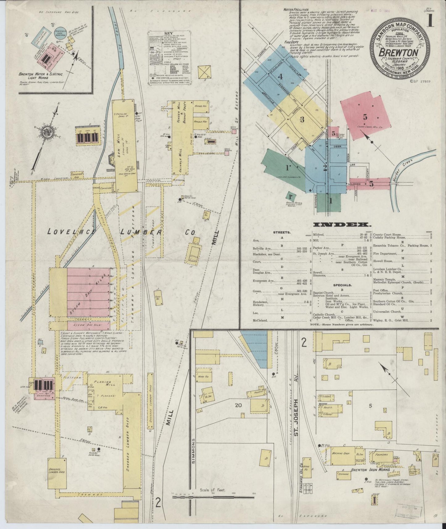 Sanborn Fire Insurance Map from Brewton, Escambia County, Alabama (1910), Sheet #0001 - Complete Map Set gallery image, historic Sanborn map, vintage wall art, Alabama Alabama
