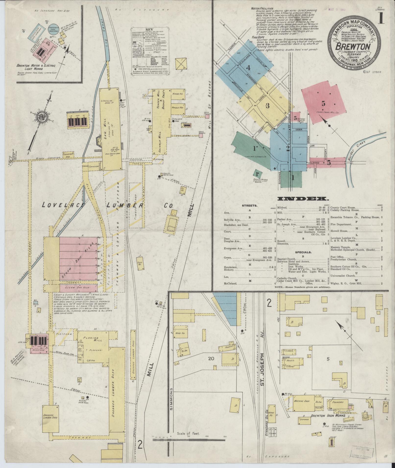 Sanborn Fire Insurance Map from Brewton, Escambia County, Alabama (1910), Sheet #0001 - Complete Map Set gallery image, historic Sanborn map, vintage wall art, Alabama Alabama
