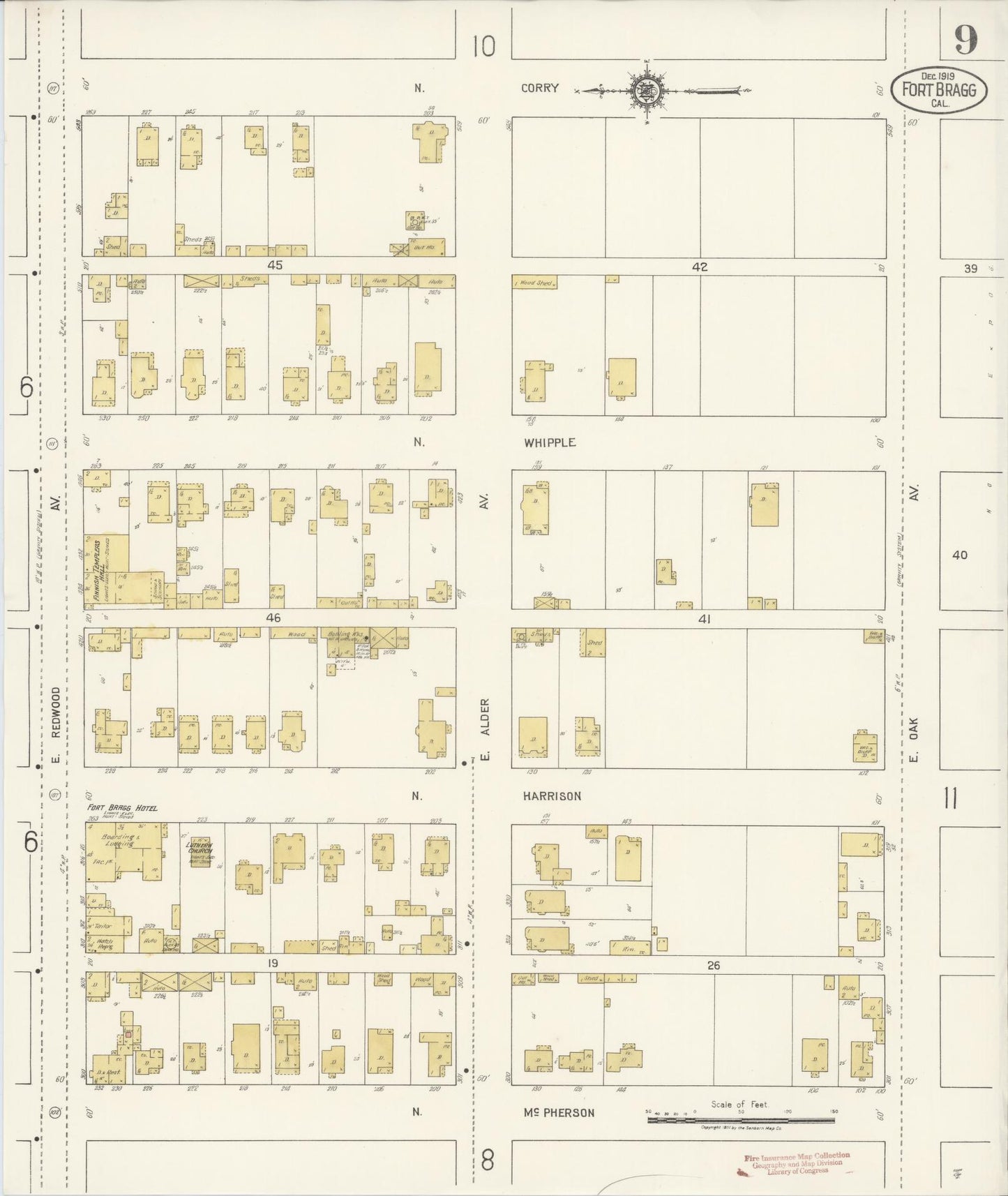 Sanborn Fire Insurance Map from Fort Bragg, Mendocino County, California (1919), Sheet #0009 - Historic Sanborn Fire Insurance Map Print, vintage old map wall art, antique decor, genealogy gift, California California map