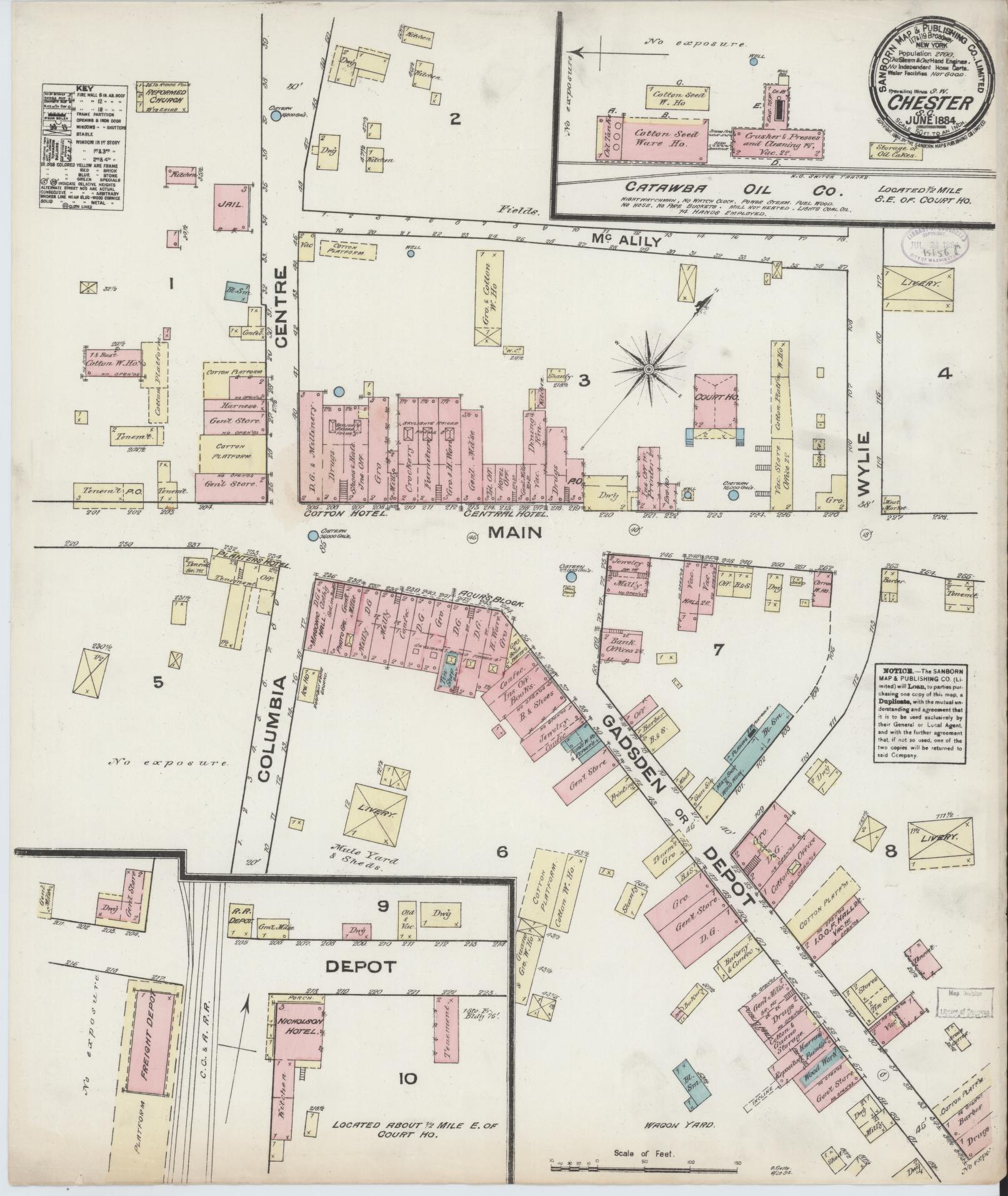 Sanborn Fire Insurance Map from Chester, Chester County, South Carolina (1884), Sheet #0001 - Historic Sanborn Fire Insurance Map Print, vintage old map wall art, antique decor, genealogy gift, South Carolina South Carolina map