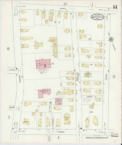 Sanborn Fire Insurance Map from Greenfield, Franklin County, Massachusetts (1914), Sheet #0014 - Historic Sanborn Fire Insurance Map Print, vintage old map wall art, antique decor, genealogy gift, Massachusetts Massachusetts map