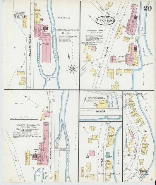 Sanborn Fire Insurance Map from Fitchburg, Worcester County, Massachusetts (1892), Sheet #0020 - Historic Sanborn Fire Insurance Map Print, vintage old map wall art, antique decor, genealogy gift, Massachusetts Massachusetts map
