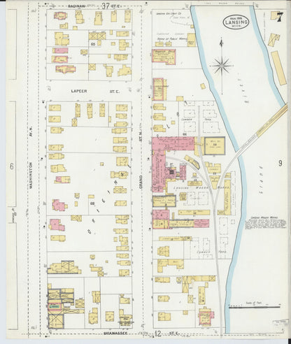 Sanborn Fire Insurance Map from Lansing, Ingham County, Michigan (1906), Sheet #0007 - Historic Sanborn Fire Insurance Map Print, vintage old map wall art, antique decor, genealogy gift, Michigan Michigan map