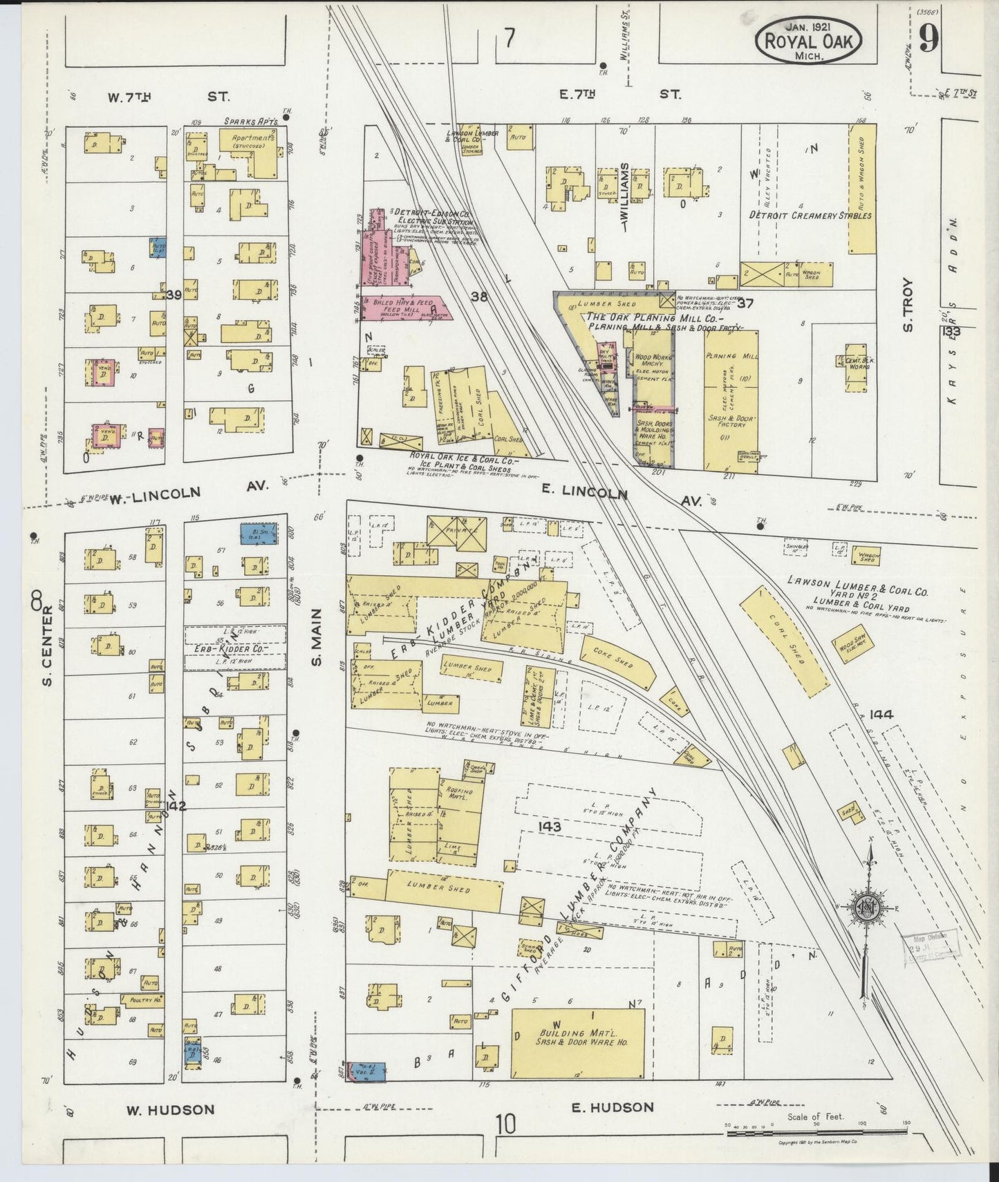 Sanborn Fire Insurance Map from Royal Oak, Oakland County, Michigan (1921), Sheet #0009 - Complete Map Set gallery image, historic Sanborn map, vintage wall art, Michigan Michigan