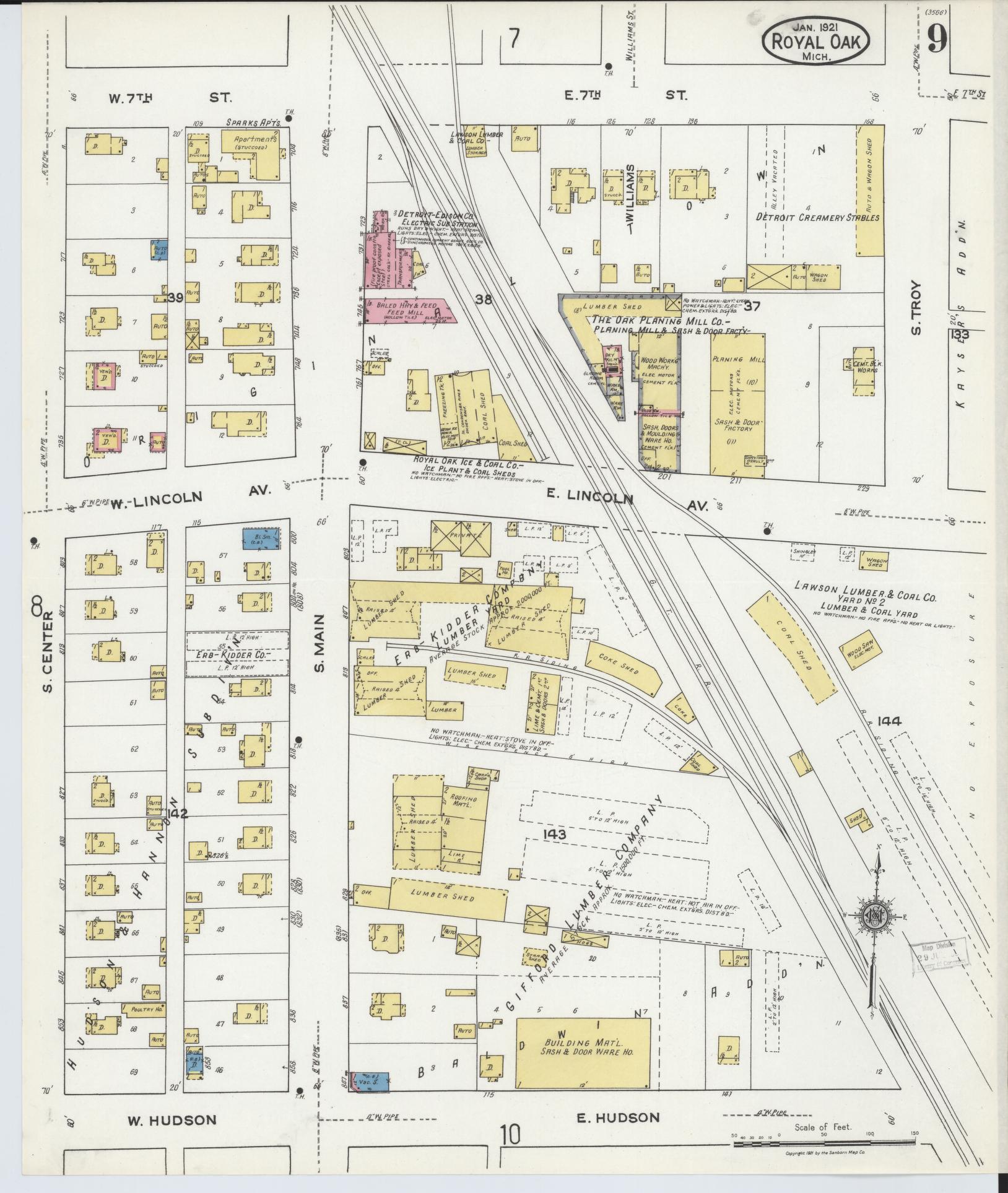 Sanborn Fire Insurance Map from Royal Oak, Oakland County, Michigan (1921), Sheet #0009 - Complete Map Set gallery image, historic Sanborn map, vintage wall art, Michigan Michigan