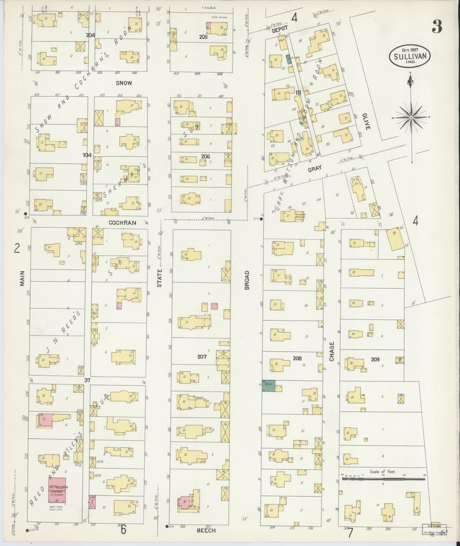 Sanborn Fire Insurance Map from Sullivan, Sullivan County, Indiana (1907), Sheet #0003 - Historic Sanborn Fire Insurance Map Print, vintage old map wall art, antique decor, genealogy gift, Indiana Indiana map
