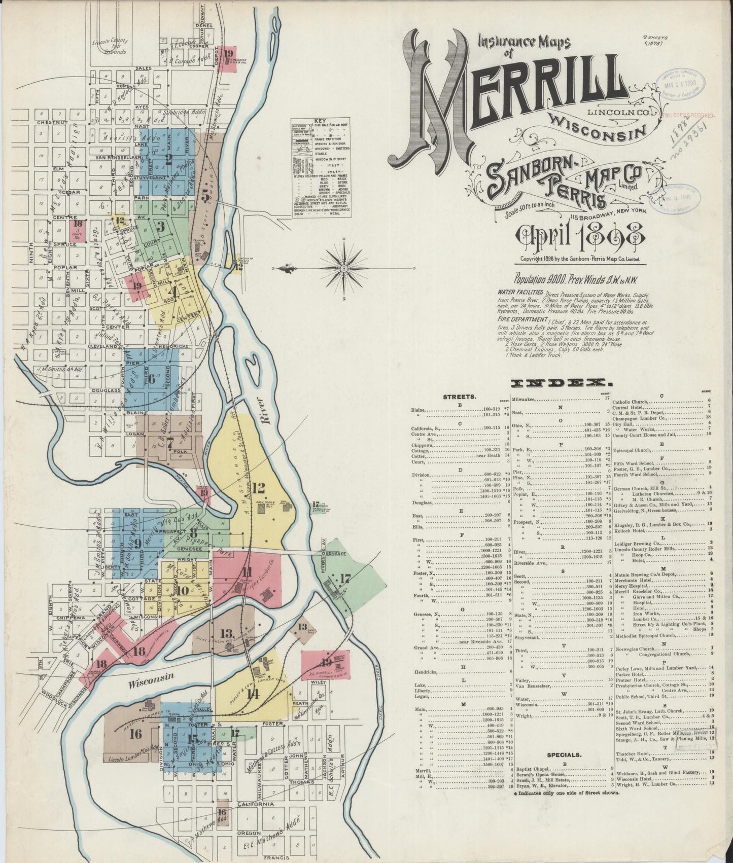 Sanborn Fire Insurance Map from Merrill, Lincoln County, Wisconsin (1898), Sheet #0001 - Complete Map Set gallery image, historic Sanborn map, vintage wall art, Wisconsin Wisconsin