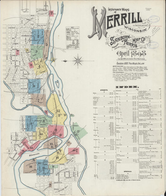 Sanborn Fire Insurance Map from Merrill, Lincoln County, Wisconsin (1898), Sheet #0001 - Complete Map Set gallery image, historic Sanborn map, vintage wall art, Wisconsin Wisconsin