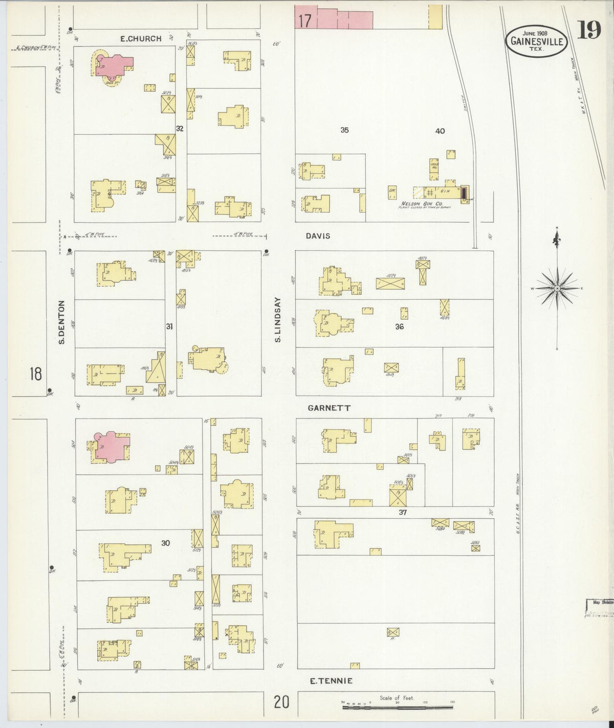 Sanborn Fire Insurance Map from Gainesville, Cooke County, Texas (1908), Sheet #0019 - Historic Sanborn Fire Insurance Map Print, vintage old map wall art, antique decor, genealogy gift, Texas Texas map