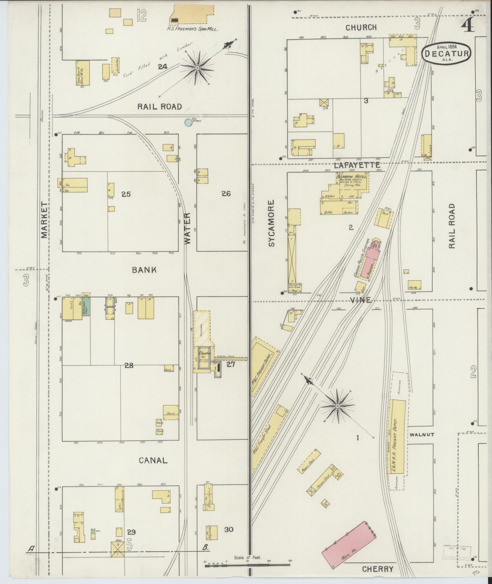 Sanborn Fire Insurance Map from Decatur, Morgan County, Alabama (1894), Sheet #0004 - Historic Sanborn Fire Insurance Map Print, vintage old map wall art, antique decor, genealogy gift, Alabama Alabama map