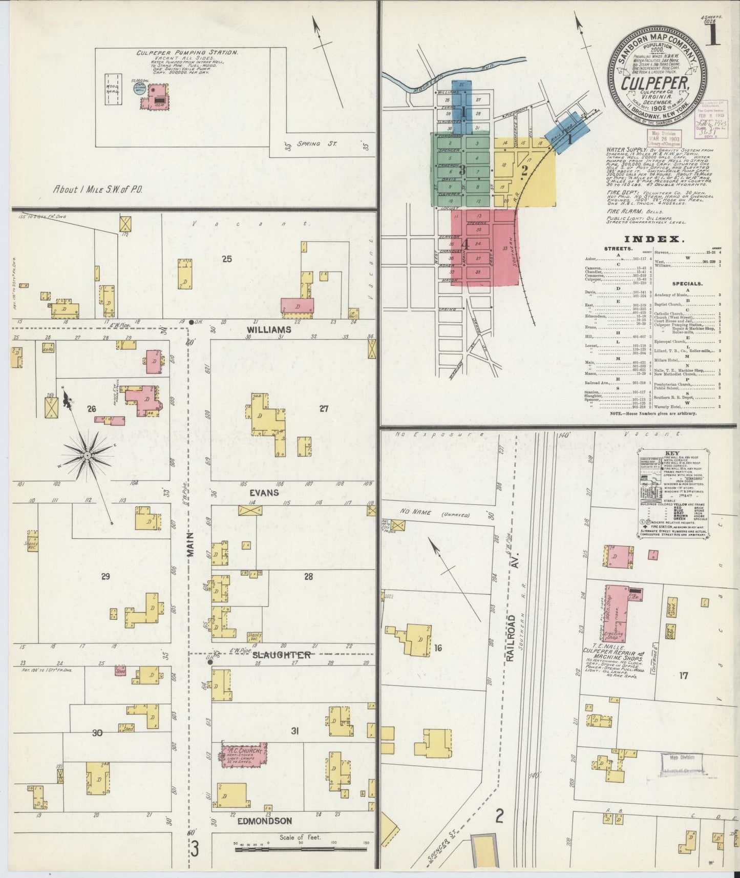 Sanborn Fire Insurance Map from Culpeper, Culpeper County, Virginia (1902), Sheet #0001 - Historic Sanborn Fire Insurance Map Print, vintage old map wall art, antique decor, genealogy gift, Virginia Virginia map