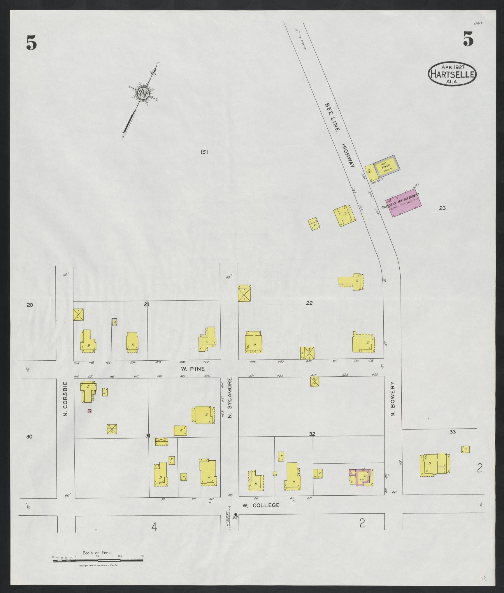 Sanborn Fire Insurance Map from Hartselle, Morgan County, Alabama (1927), Sheet #0005 - Historic Sanborn Fire Insurance Map Print, vintage old map wall art, antique decor, genealogy gift, Alabama Alabama map