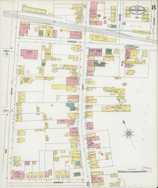 Sanborn Fire Insurance Map from Hackensack, Bergen County, New Jersey (1902), Sheet #0008 - Historic Sanborn Fire Insurance Map Print, vintage old map wall art, antique decor, genealogy gift, New Jersey New Jersey map