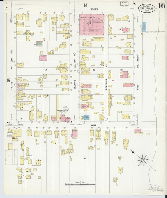 Sanborn Fire Insurance Map from Gallipolis, Gallia County, Ohio (1908), Sheet #0016 - Historic Sanborn Fire Insurance Map Print, vintage old map wall art, antique decor, genealogy gift, Ohio Ohio map
