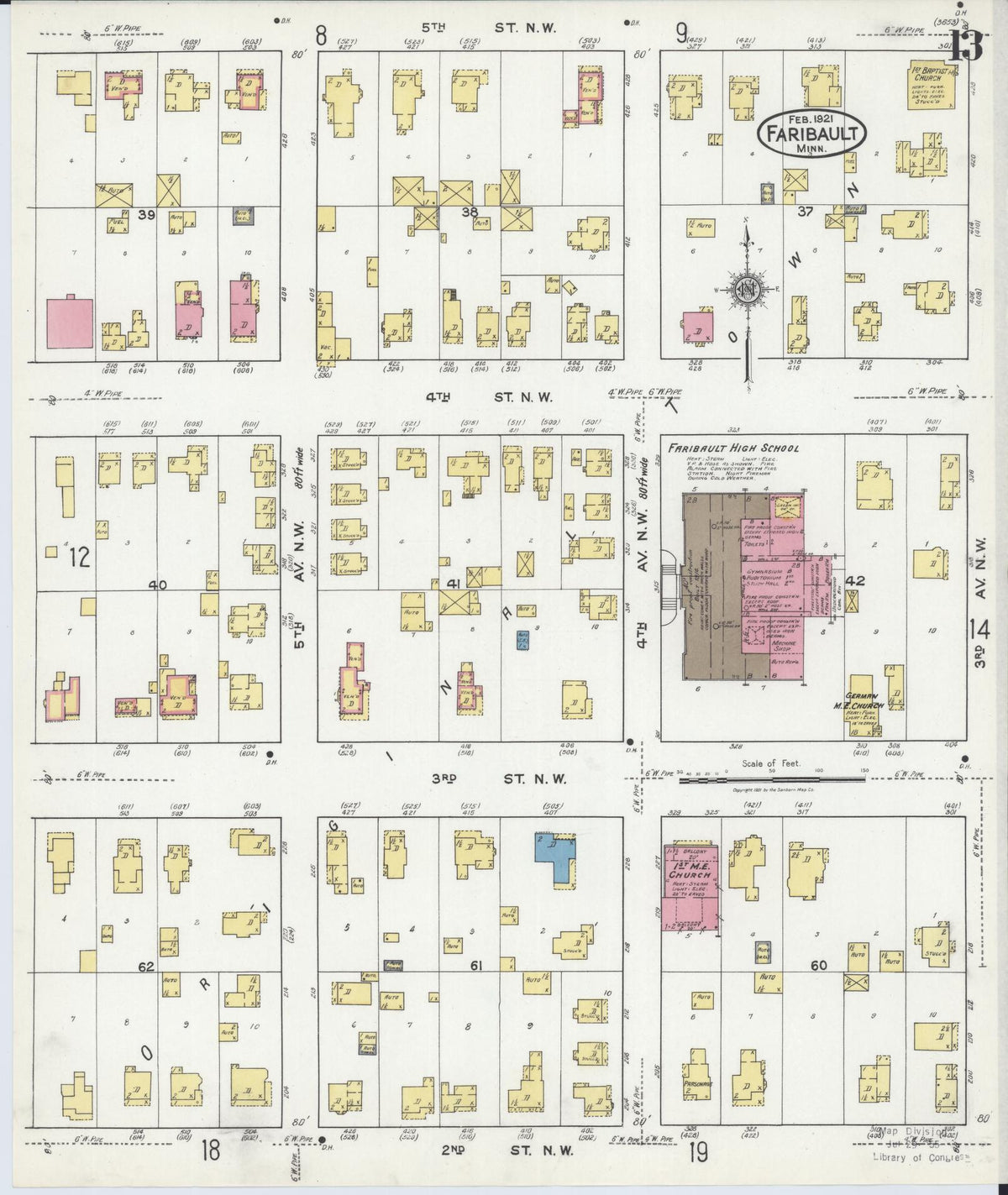 Sanborn Fire Insurance Map from Faribault, Rice County, Minnesota (1921), Sheet #0013 - Complete Map Set gallery image, historic Sanborn map, vintage wall art, Minnesota Minnesota