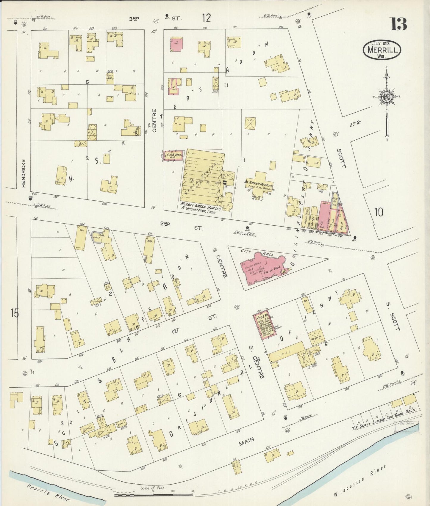 Sanborn Fire Insurance Map from Merrill, Lincoln County, Wisconsin (1913), Sheet #0013 - Historic Sanborn Fire Insurance Map Print, vintage old map wall art, antique decor, genealogy gift, Wisconsin Wisconsin map