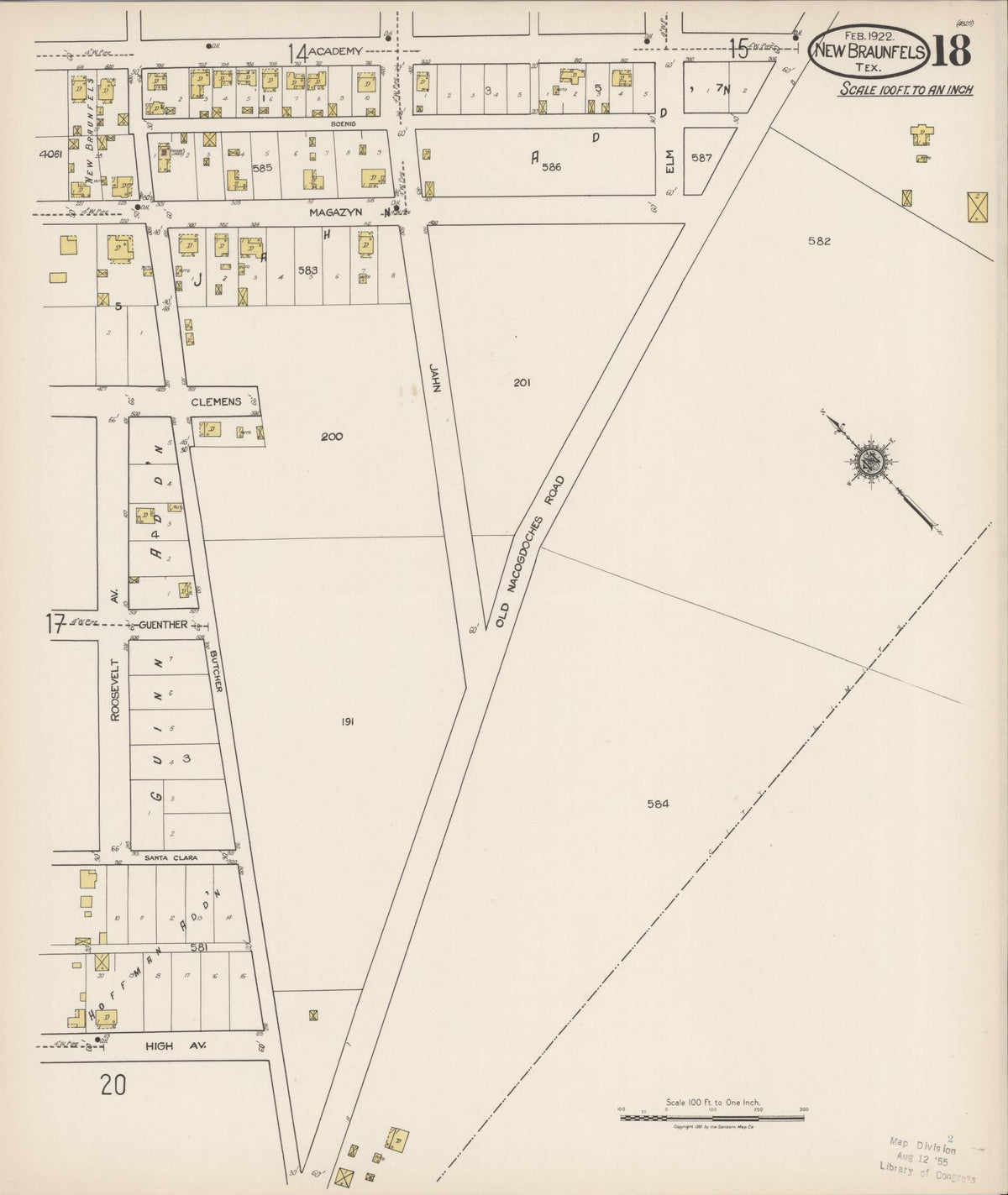 Sanborn Fire Insurance Map from New Braunfels, Comal County, Texas (1922), Sheet #0018 - Complete Map Set gallery image, historic Sanborn map, vintage wall art, Texas Texas