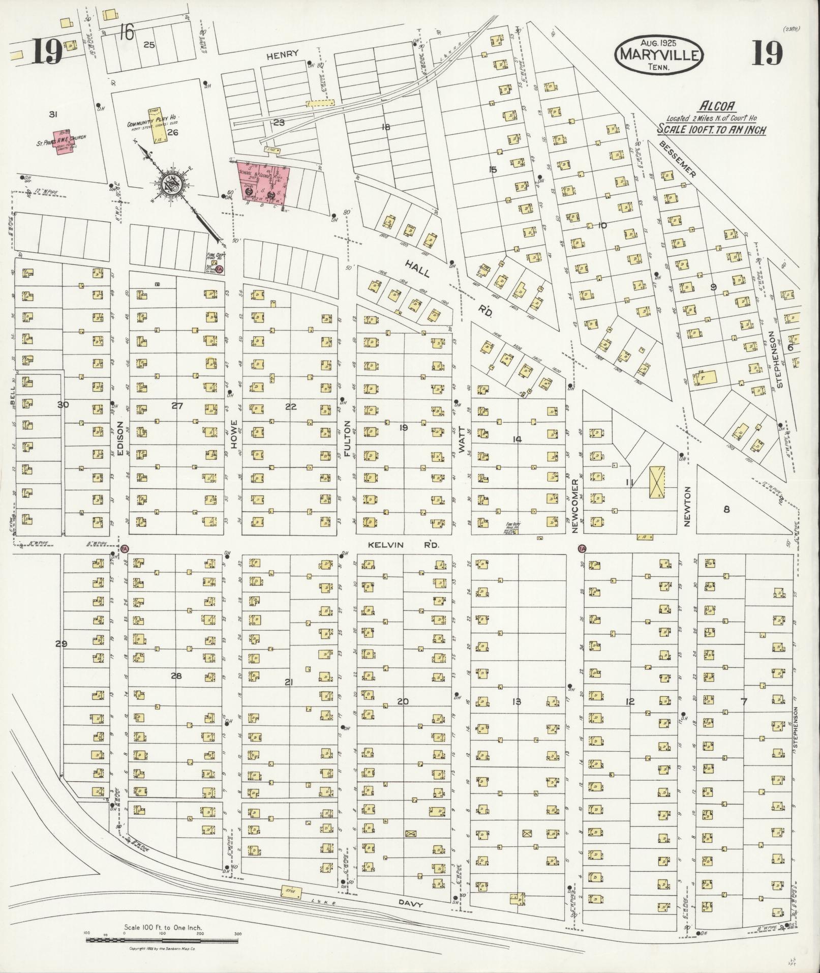 Sanborn Fire Insurance Map from Maryville, Blount County, Tennessee (1925), Sheet #0019 - Complete Map Set gallery image, historic Sanborn map, vintage wall art, Tennessee Tennessee