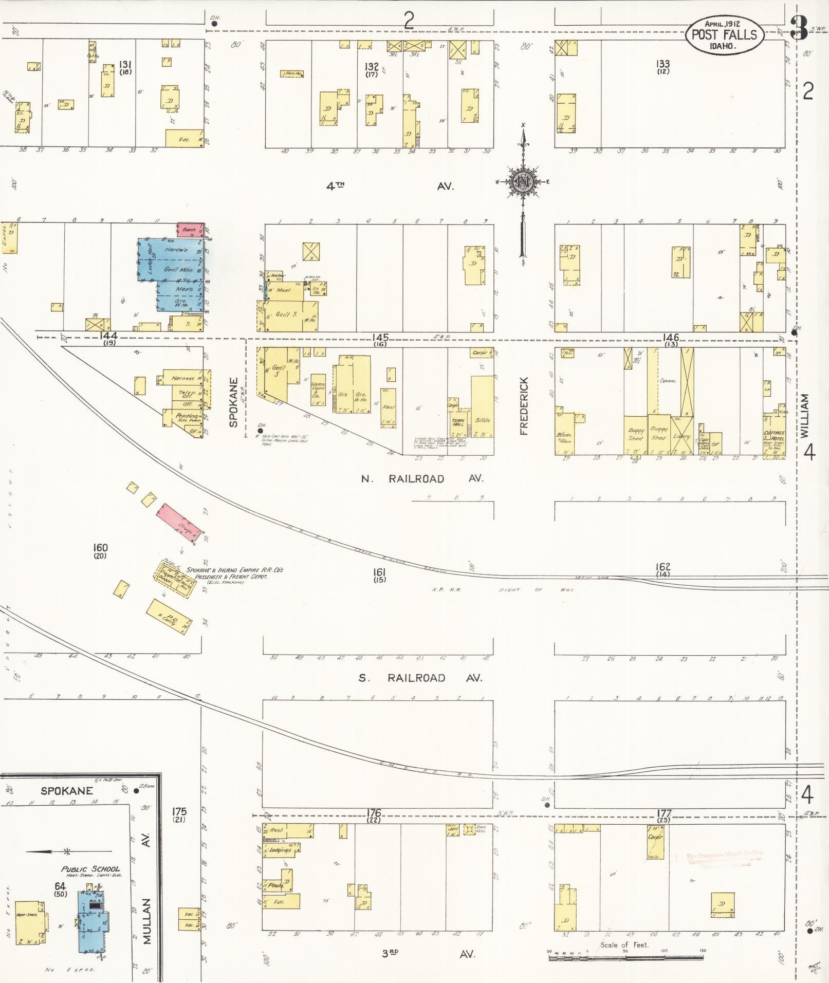 Sanborn Fire Insurance Map from Post Falls, Kootenai County, Idaho (1912), Sheet #0003 - Historic Sanborn Fire Insurance Map Print, vintage old map wall art, antique decor, genealogy gift, Idaho Idaho map