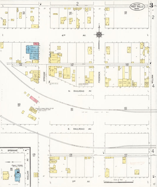 Sanborn Fire Insurance Map from Post Falls, Kootenai County, Idaho (1912), Sheet #0003 - Historic Sanborn Fire Insurance Map Print, vintage old map wall art, antique decor, genealogy gift, Idaho Idaho map