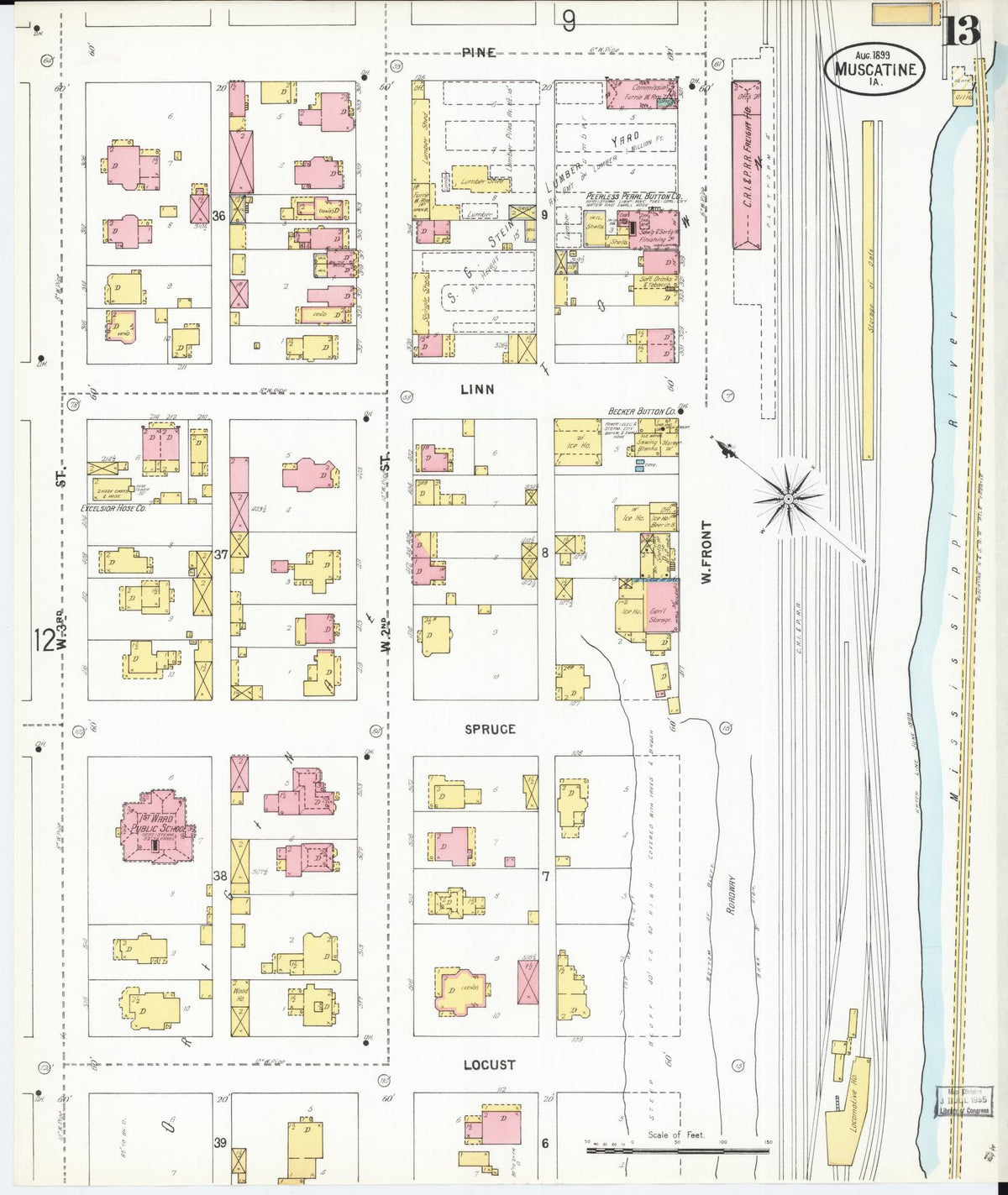 Sanborn Fire Insurance Map from Muscatine, Muscatine County, Iowa (1899), Sheet #0013 - Historic Sanborn Fire Insurance Map Print, vintage old map wall art