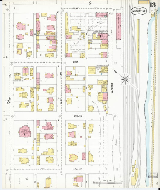 Sanborn Fire Insurance Map from Muscatine, Muscatine County, Iowa (1899), Sheet #0013 - Historic Sanborn Fire Insurance Map Print, vintage old map wall art