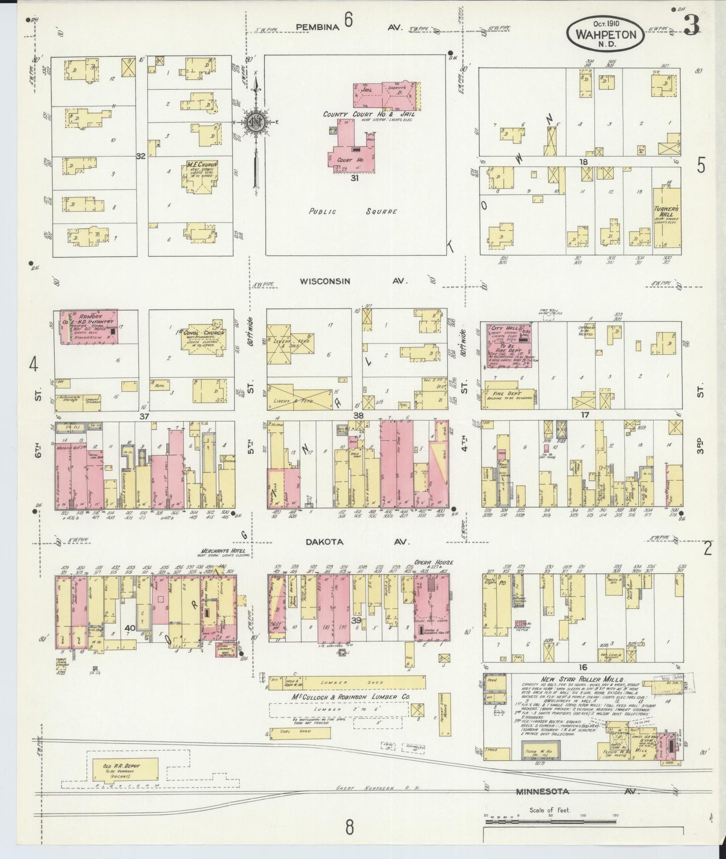 Sanborn Fire Insurance Map from Wahpeton, Richland County, North Dakota (1910), Sheet #0003 - Complete Map Set gallery image, historic Sanborn map, vintage wall art, North Dakota North Dakota